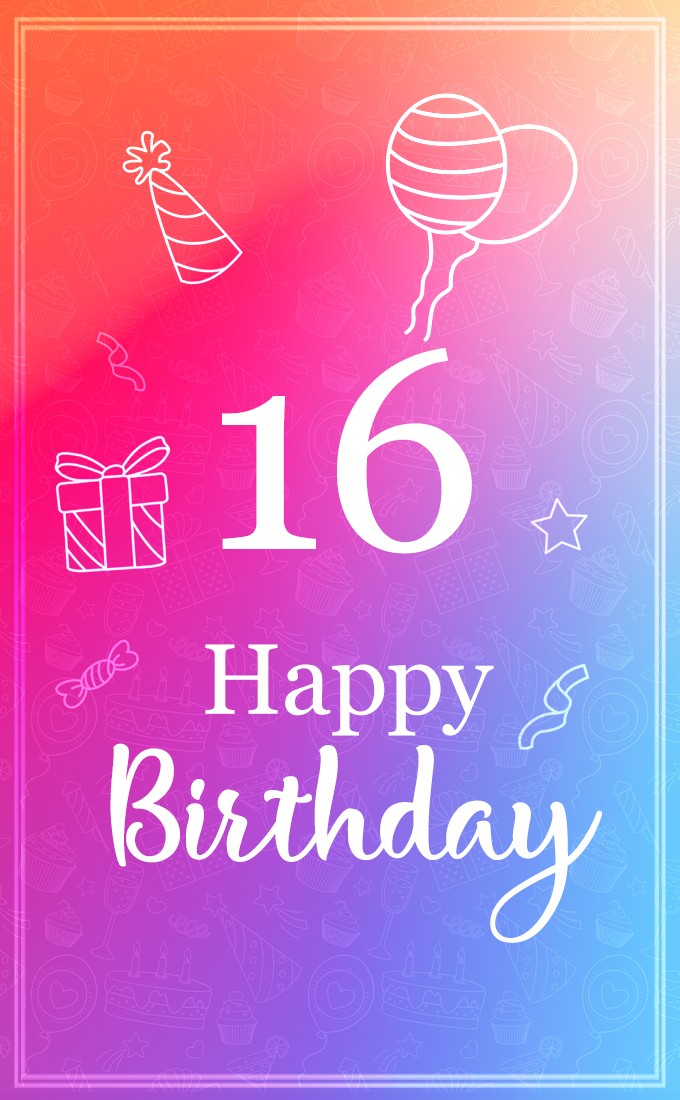 Happy 16th Birthday elegant picture vith violet background (tall rectangle shape picture)