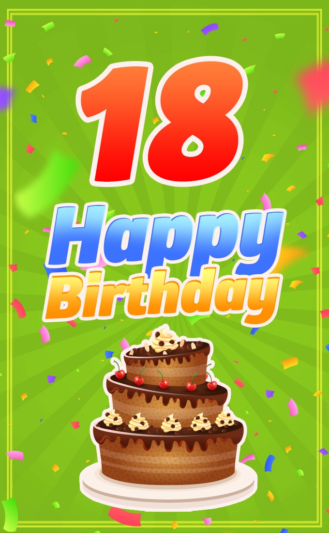 Happy 18th Birthday image with cartoon cake (tall rectangle shape picture)