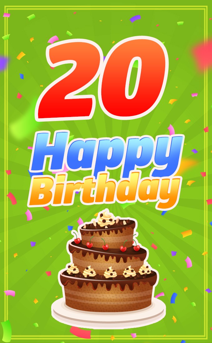 Happy 20th Birthday image with cartoon cake on green background (tall rectangle shape picture)