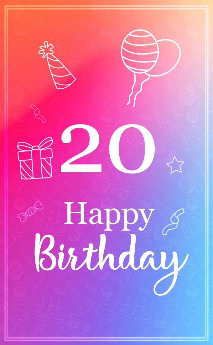 Happy 20th Birthday Stylish Birthday Card with violet background (tall rectangle shape picture)