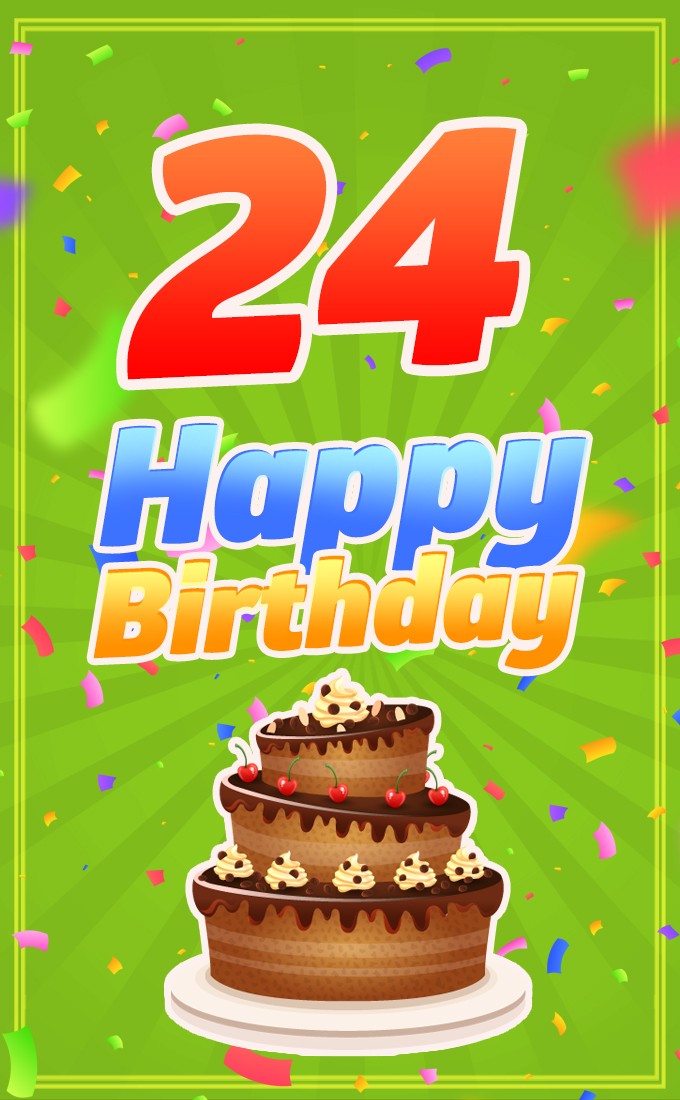 Happy 24th Birthday greeting card with cartoon cake on bright green background (tall rectangle shape picture)