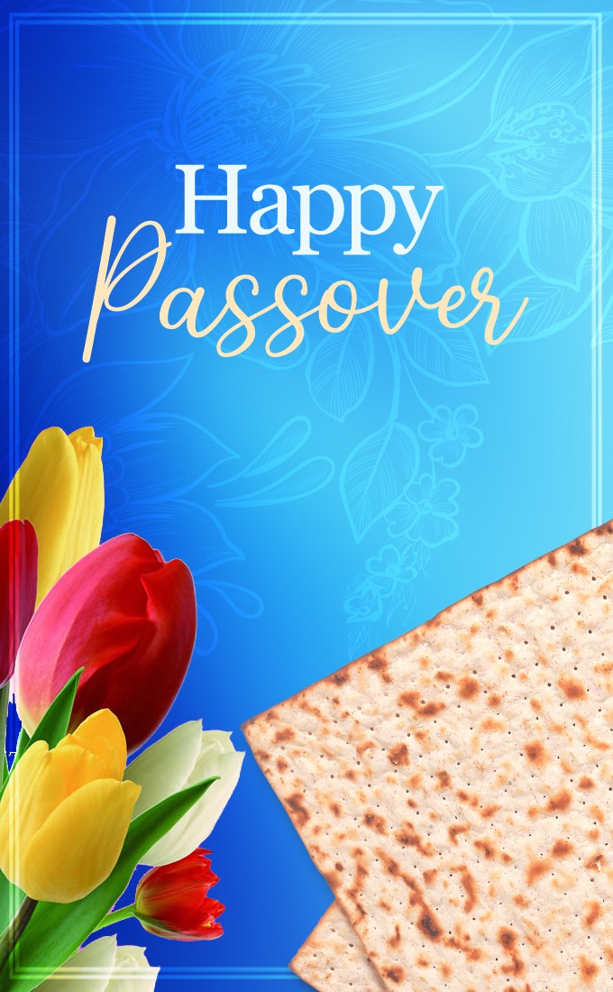 Happy Passover beautiful vertical tall image with matzo and tulips (tall rectangle shape picture)