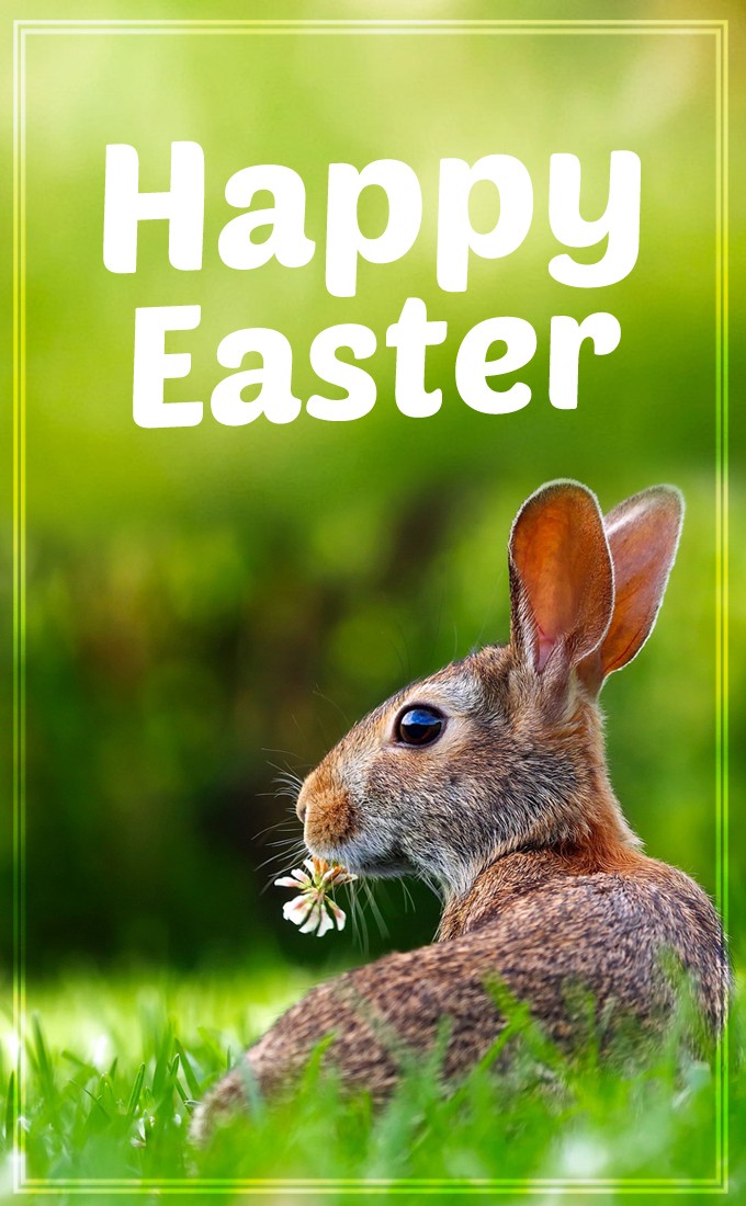 Happy Easter vertical tall Image with hare on the grass (tall rectangle shape picture)