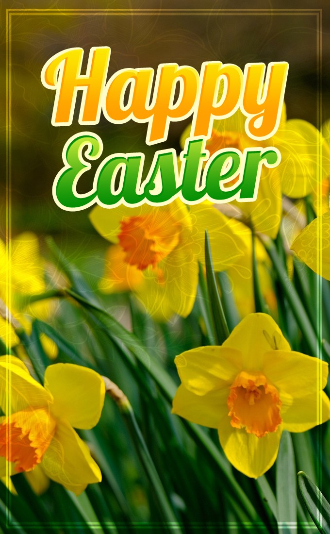 Happy Easter vertical tall image with beautiful yellow daffodils (tall rectangle shape picture)