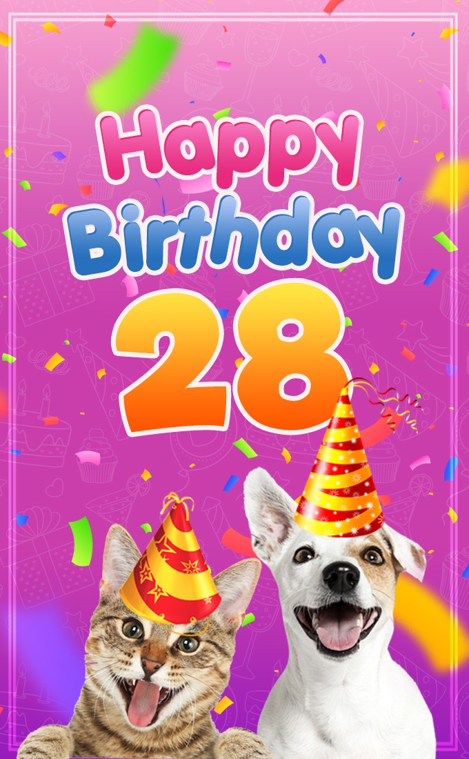 Happy 28th Birthday funny picture with animals (tall rectangle shape picture)