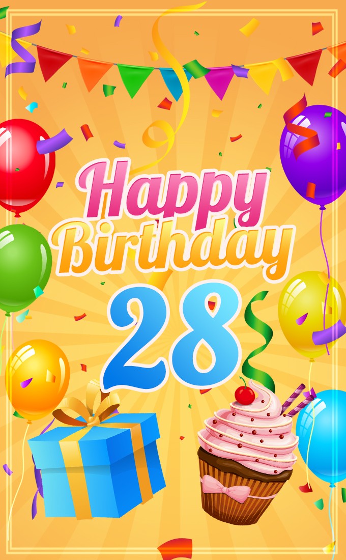 Happy 28th Birthday Image with cupcake and gift box (tall rectangle shape picture)