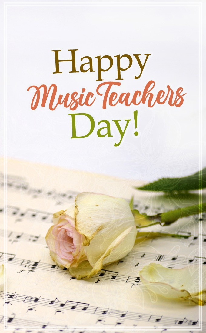 Happy Music Teacher's Day vertical tall Image with pink rose and notes (tall rectangle shape picture)
