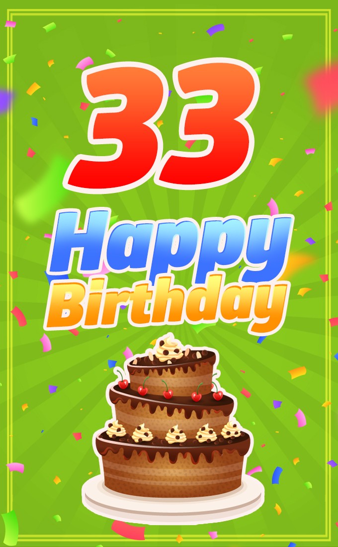 Happy 33rd Birthday image with cartoon cake on green background (tall rectangle shape picture)