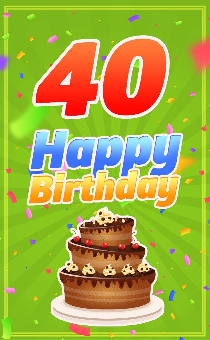 Happy 40th Birthday picture with cartoon cake on green background (tall rectangle shape picture)