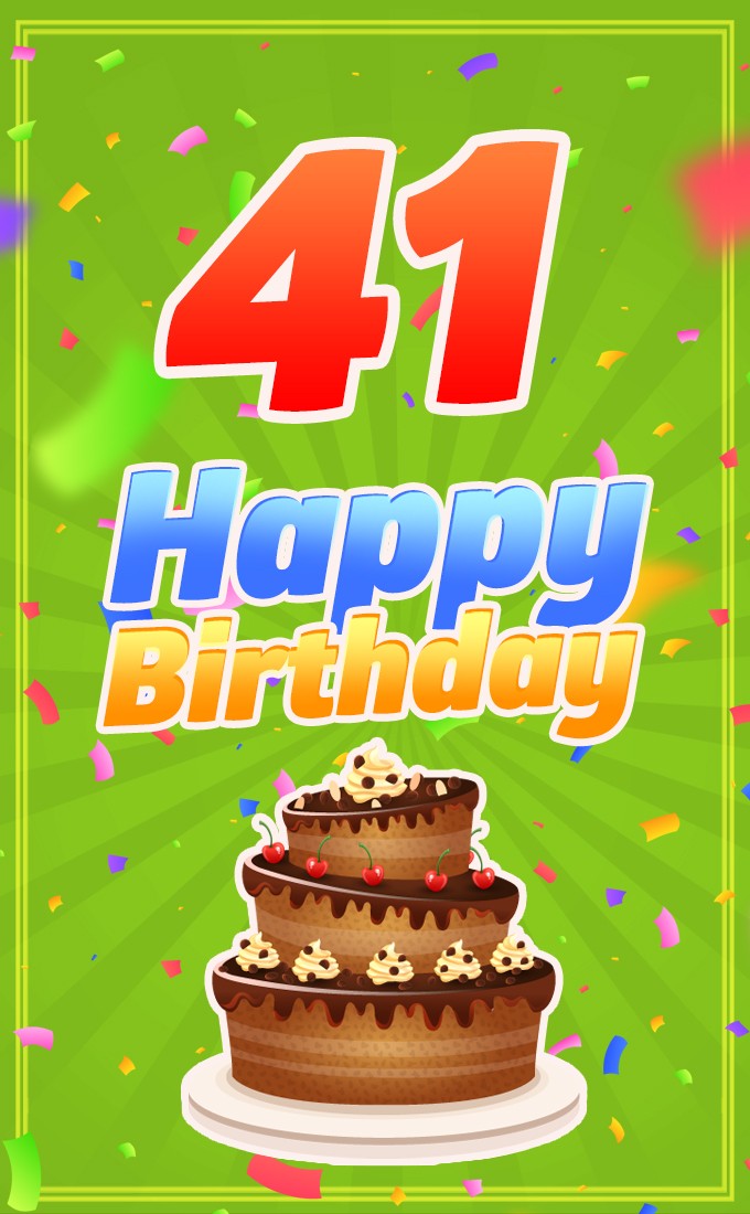 Happy 41st Birthday picture with cartoon cake on green background (tall rectangle shape picture)