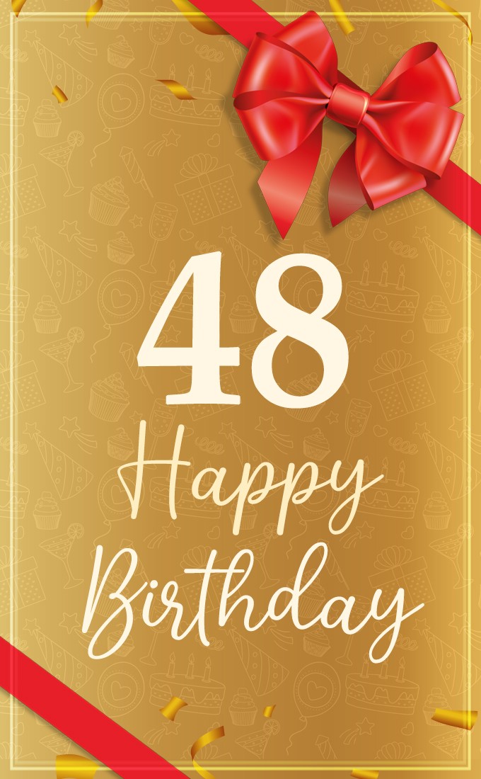 Happy 48th Birthday Image with red bow and ribbon (tall rectangle shape picture)