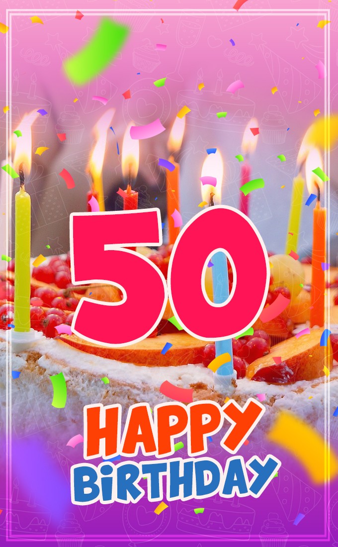 Happy 50th Birthday greeting card with cake and candles (tall rectangle shape picture)