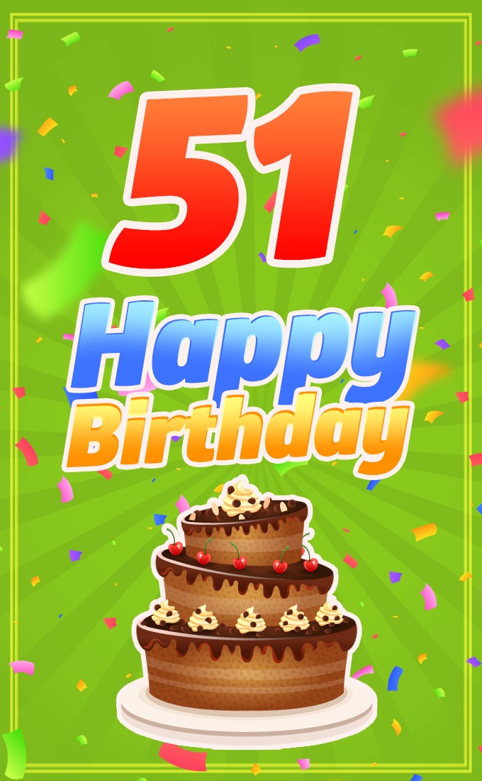 Happy 51st Birthday picture with cartoon chocolate cake and gift box (tall rectangle shape picture)