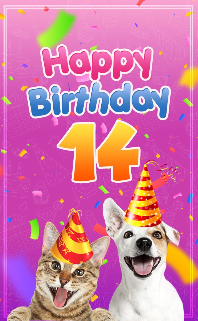 Happy 14th Birthday funny image with dog and cat (tall rectangle shape picture)