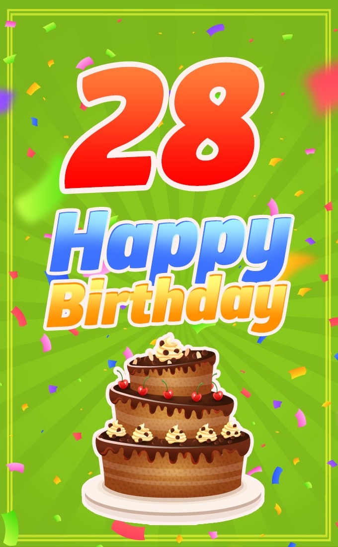 Happy 28th Birthday Image with cartoon chocolate cake (tall rectangle shape picture)