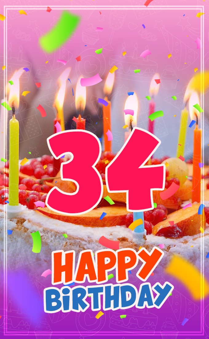 Happy 34th Birthday Image with cake and candles (tall rectangle shape picture)