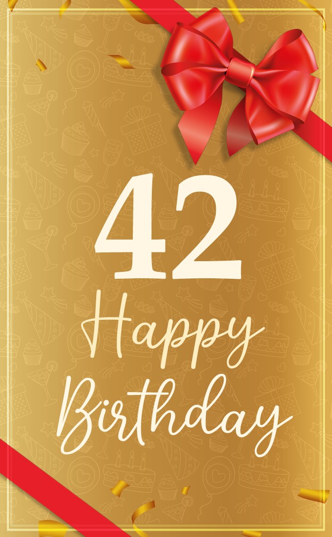 Happy 42nd Birthday elegant image with red bow and ribbon (tall rectangle shape picture)