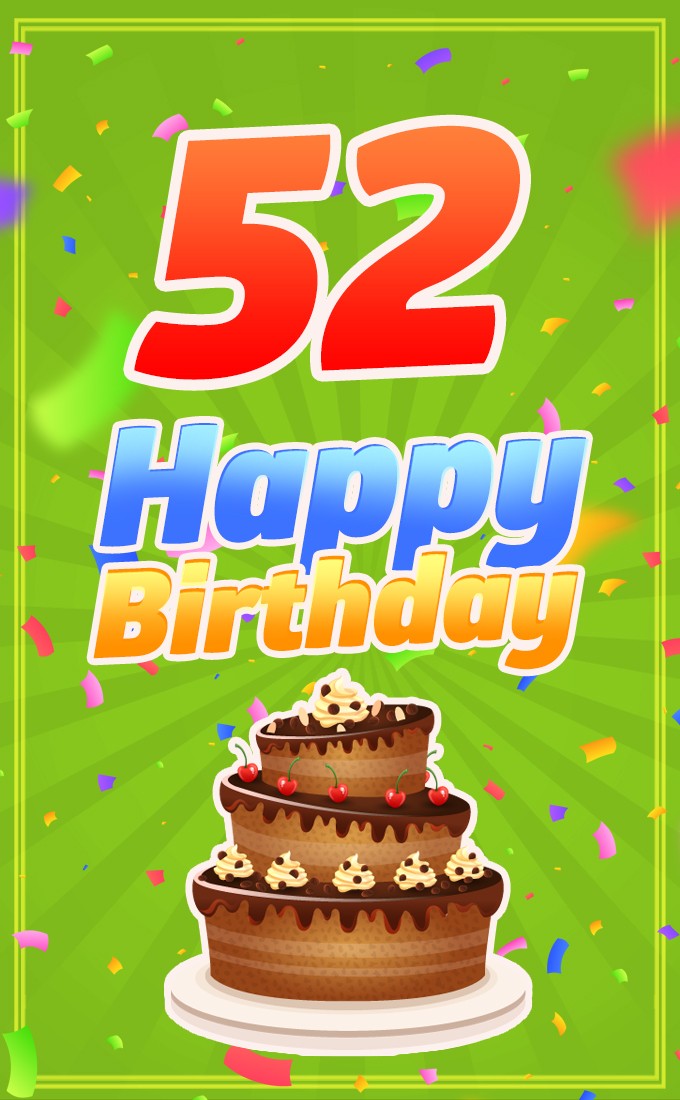 Happy 52nd Birthday picture with cartoon chocolate cake (tall rectangle shape picture)