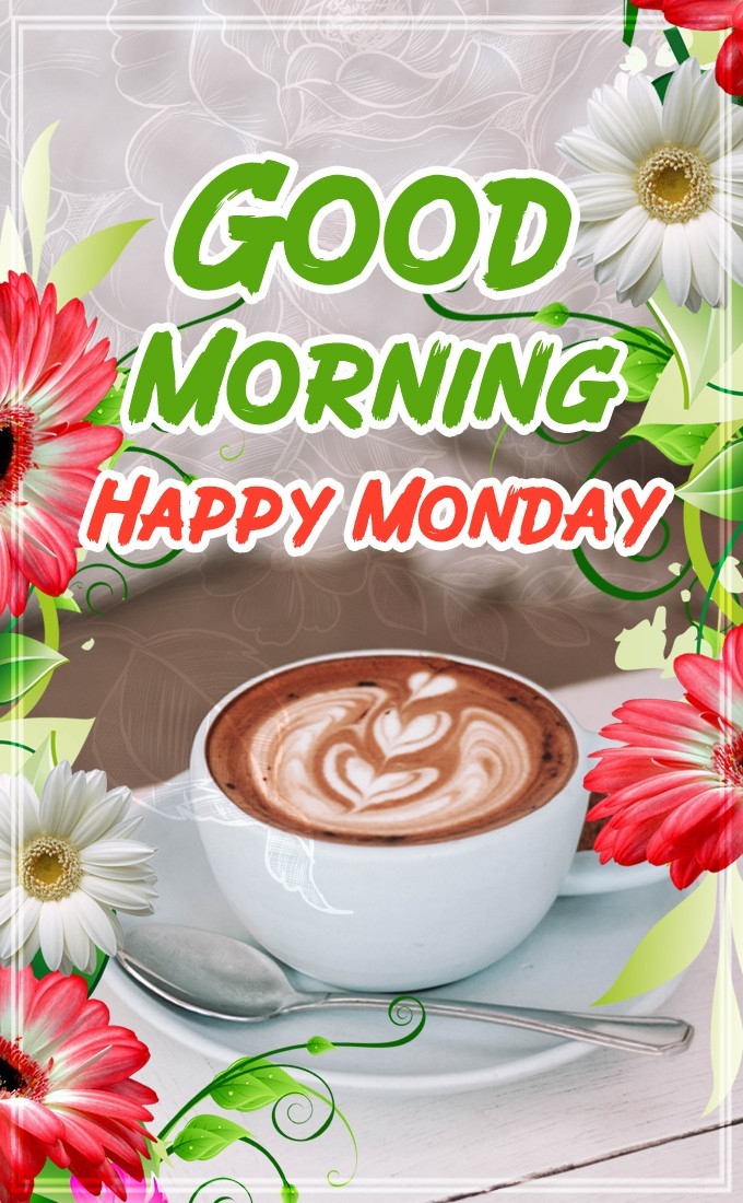 Good Morning Wishes Happy Monday, picture with cappuccino and flowers (tall rectangle shape picture)