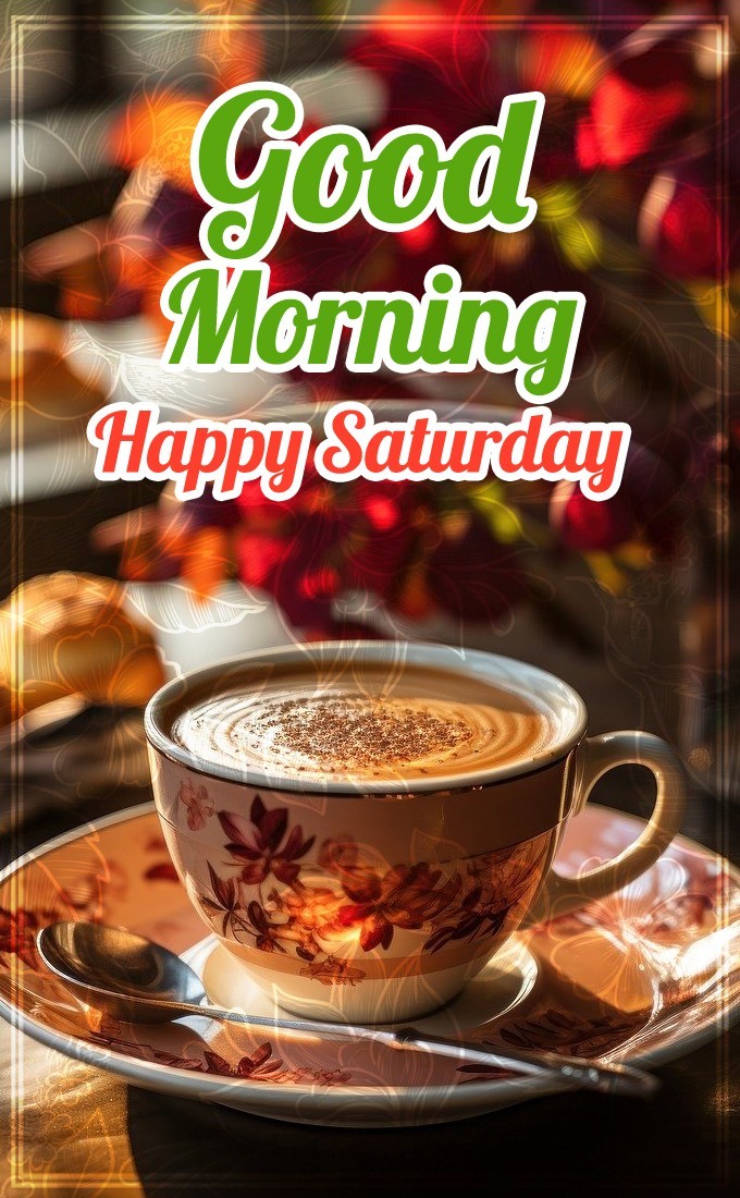 Good Morning Wishes on Saturday, beautiful picture with coffee (tall rectangle shape picture)