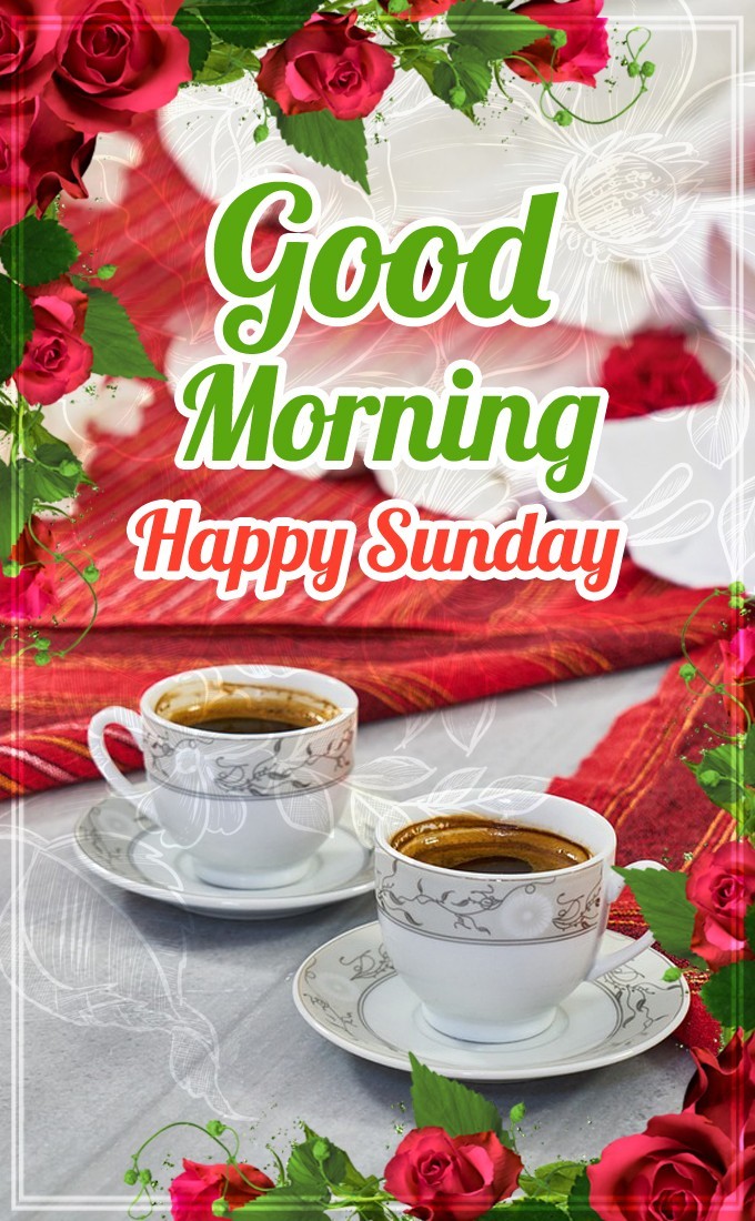 Good Morning Sunday image with two cups of coffee and red roses (tall rectangle shape picture)