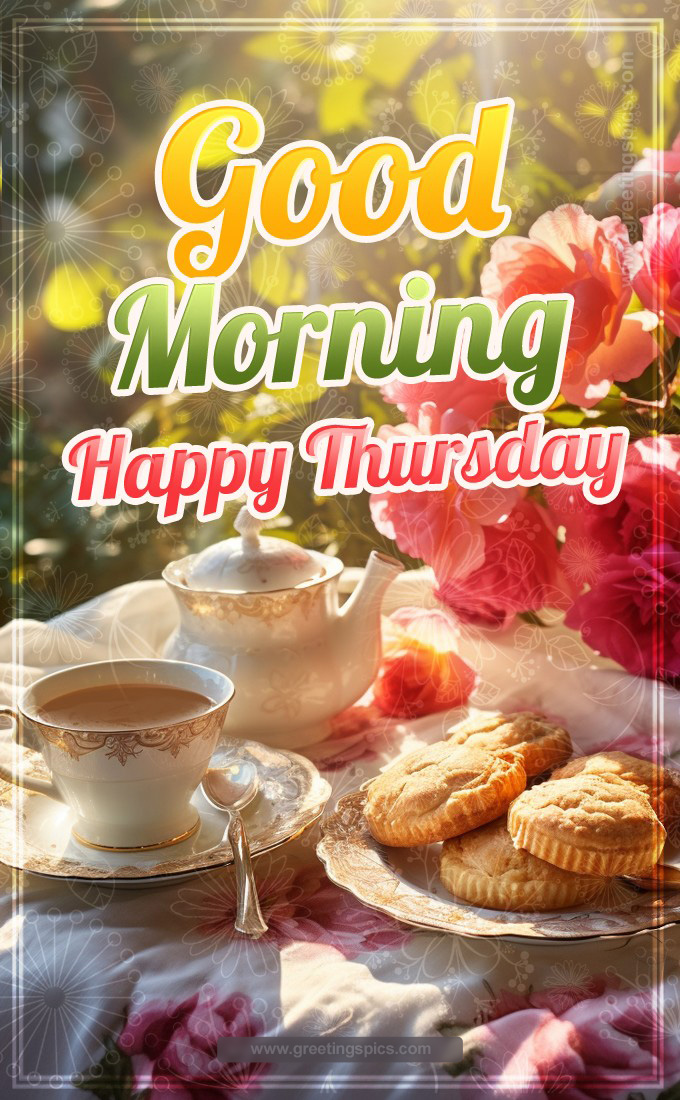 Good Morning Happy Thursday Image with cup of tea and pink roses (tall rectangle shape picture)