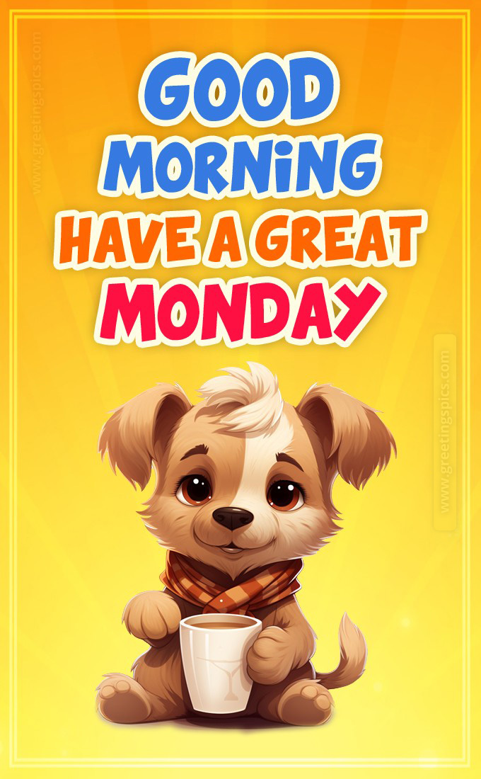 Good Morning Monday funny image with cute puppy (tall rectangle shape picture)