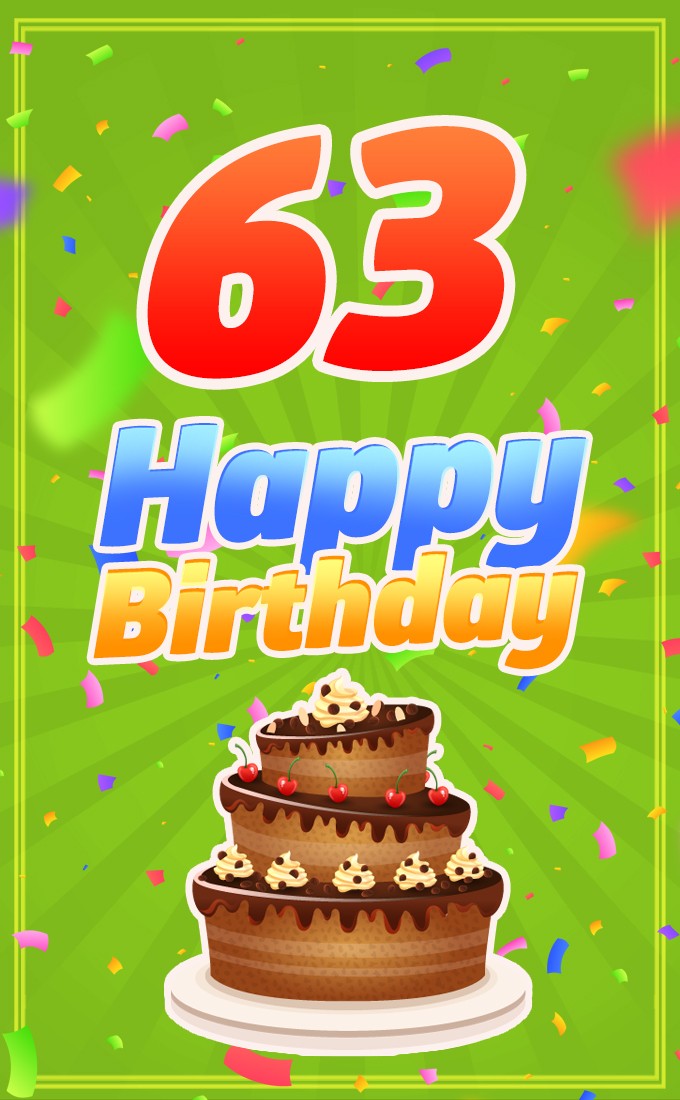 Happy 63rd Birthday picture with cartoon chocolate cake (tall rectangle shape picture)