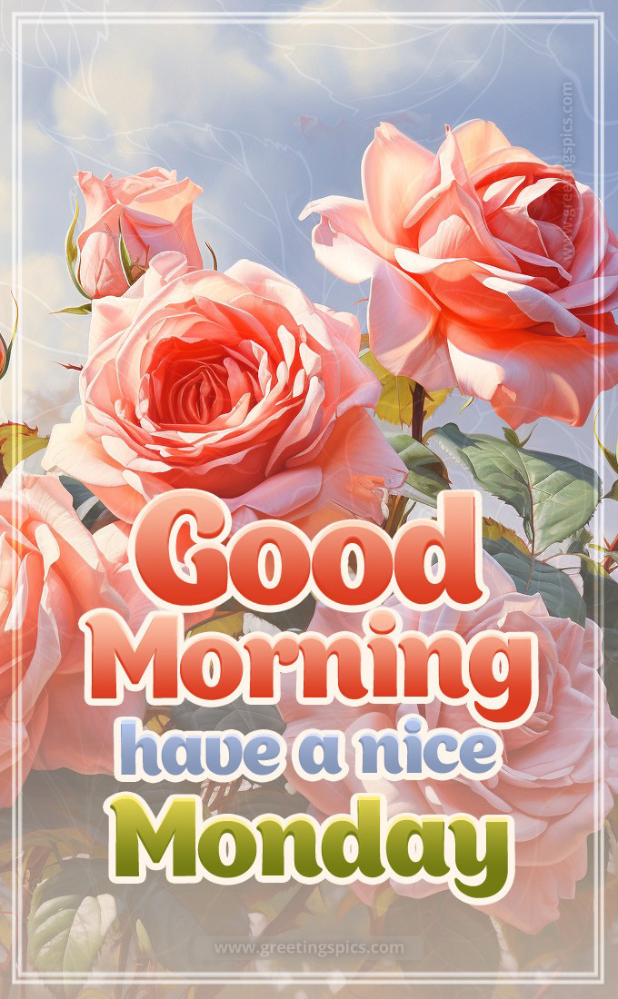 Good Morning, Have a Nice Monday image with pink roses (tall rectangle shape picture)