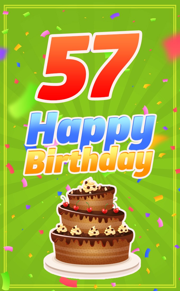 Happy 57th Birthday picture with cartoon chocolate cake (tall rectangle shape picture)