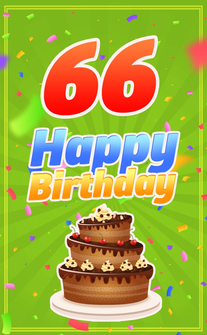 Happy 66th Birthday picture with chocolate cake on bright green background (tall rectangle shape picture)