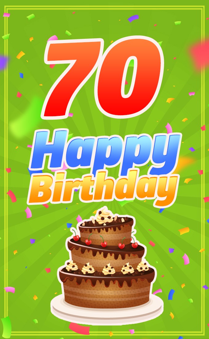 Happy 70th Birthday picture with chocolate cartoon cake on green background (tall rectangle shape picture)