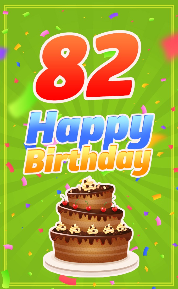 Happy 82nd Birthday picture with chocolate cake on green background (tall rectangle shape picture)