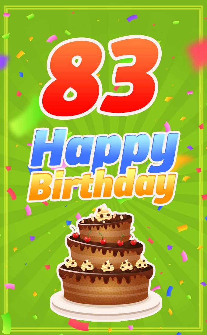 Happy 83rd Birthday picture with chocolate cake on green background (tall rectangle shape picture)