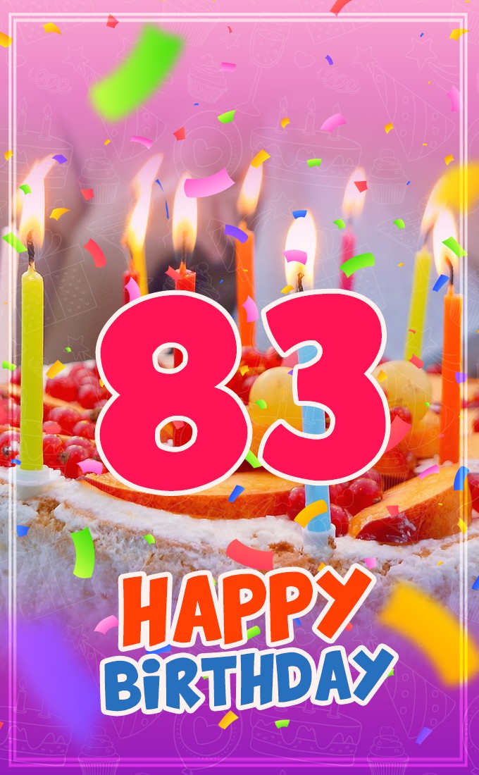 Happy 83rd Birthday greeting card with cake and candles (tall rectangle shape picture)