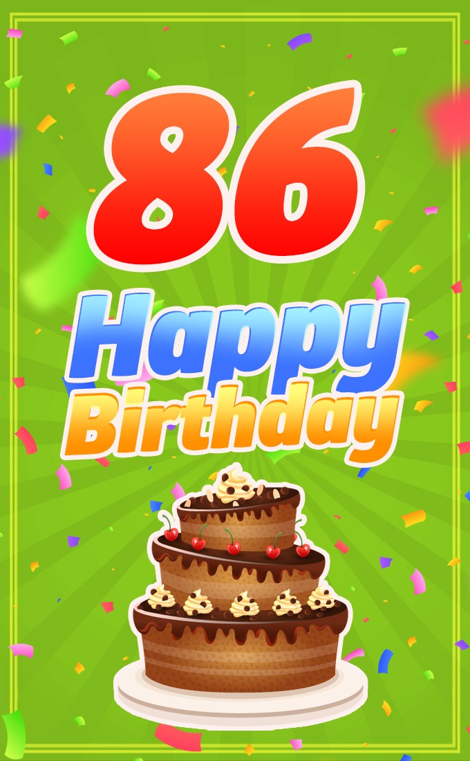 Happy 86th Birthday picture with chocolate cake on green background (tall rectangle shape picture)