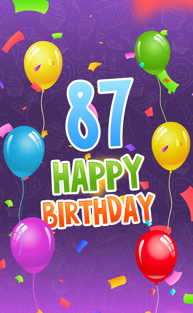 Happy 87th Birthday picture with colorful confetti and balloons (tall rectangle shape picture)