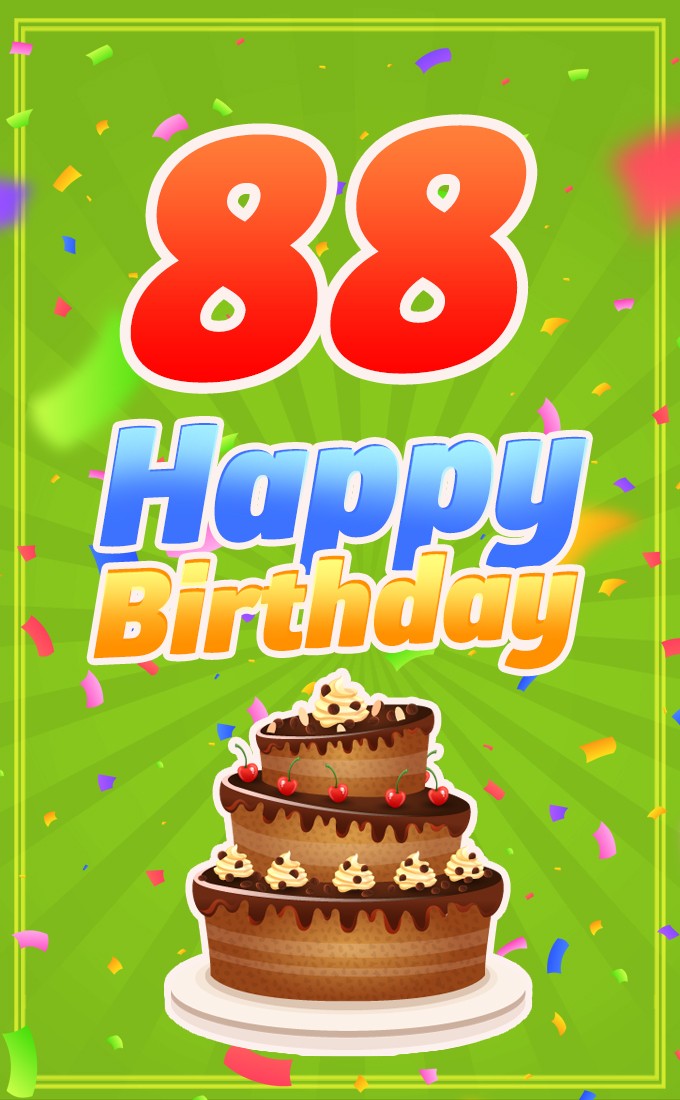 Happy 88th Birthday card with chocolate cake on green background (tall rectangle shape picture)