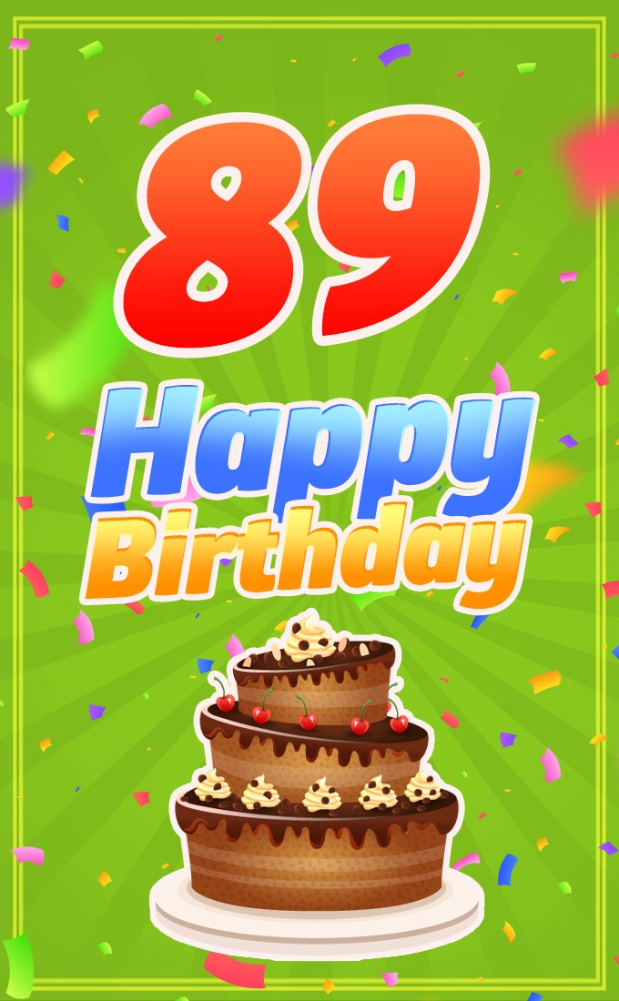 Happy 89th Birthday picture with cartoon chocolate cake (tall rectangle shape picture)