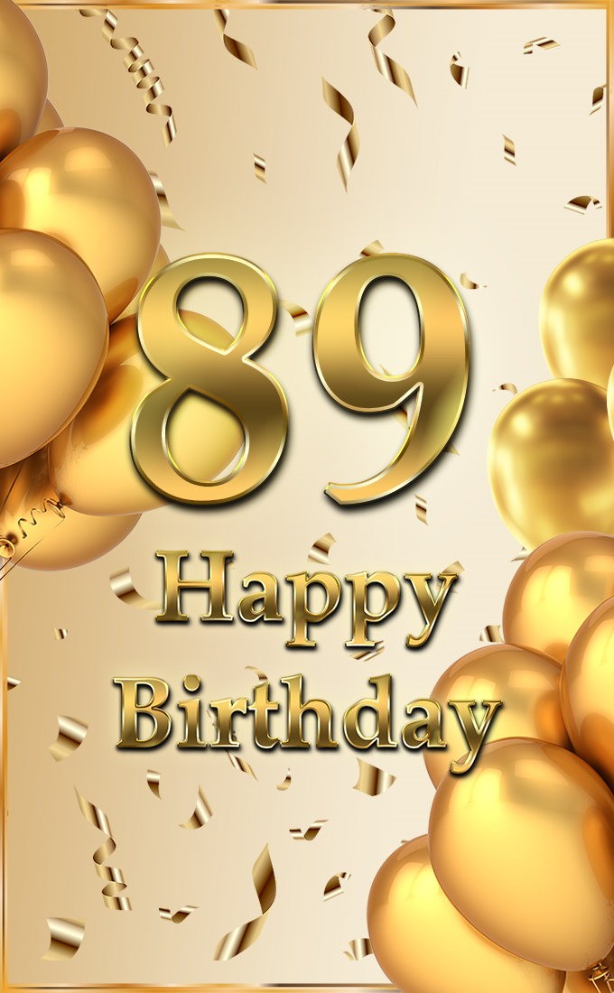 Happy 89th Birthday image with golden number and confetti (tall rectangle shape picture)