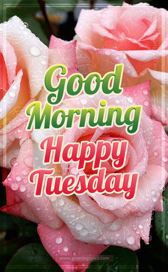 Good Morning Happy Tuesday image with beautiful pink roses (tall rectangle shape picture)