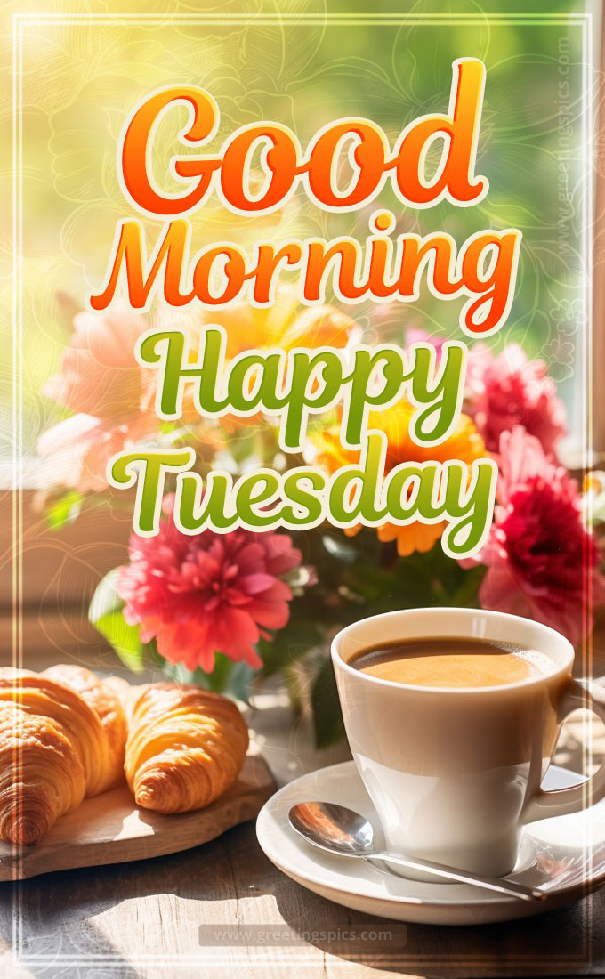 Good Morning Happy Tuesday image with cup of coffee and croissant (tall rectangle shape picture)