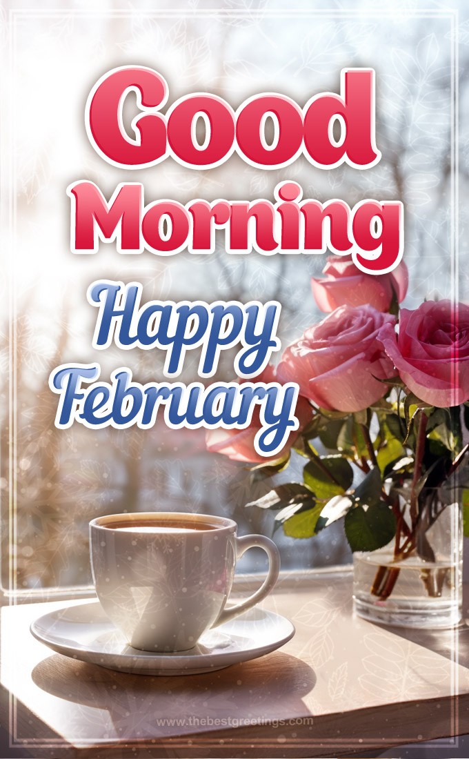 Good Morning Happy February image with cup of coffee and pink roses (tall rectangle shape picture)