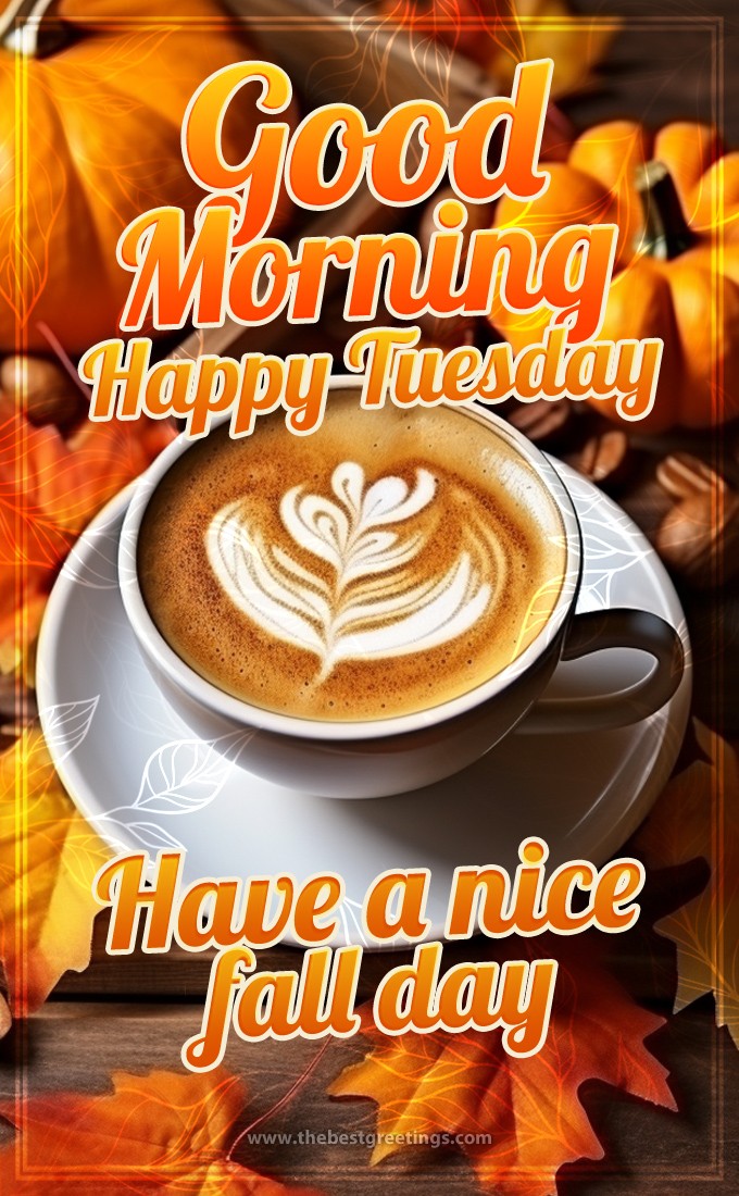 Good Morning Happy Tuesday fall image with cappuccino (tall rectangle shape picture)