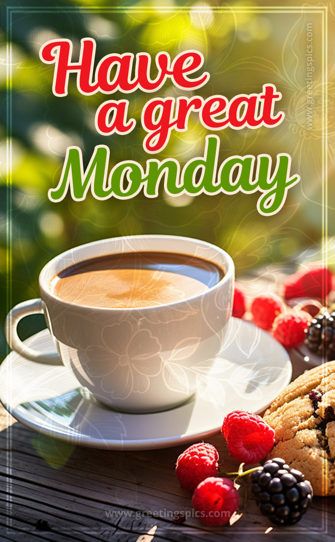 Have a Great Monday Image with coffee and berries (tall rectangle shape picture)