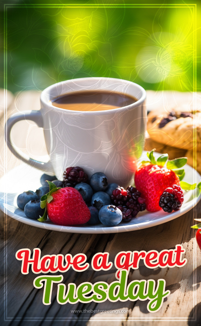 Have a great tuesday picture with coffee, berries and cookies (tall rectangle shape picture)