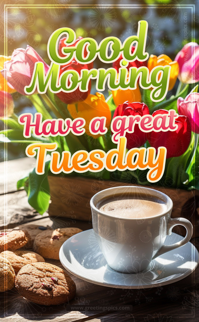 Good Morning Have a Great Tuesday image with coffee, cookies and tulips (tall rectangle shape picture)