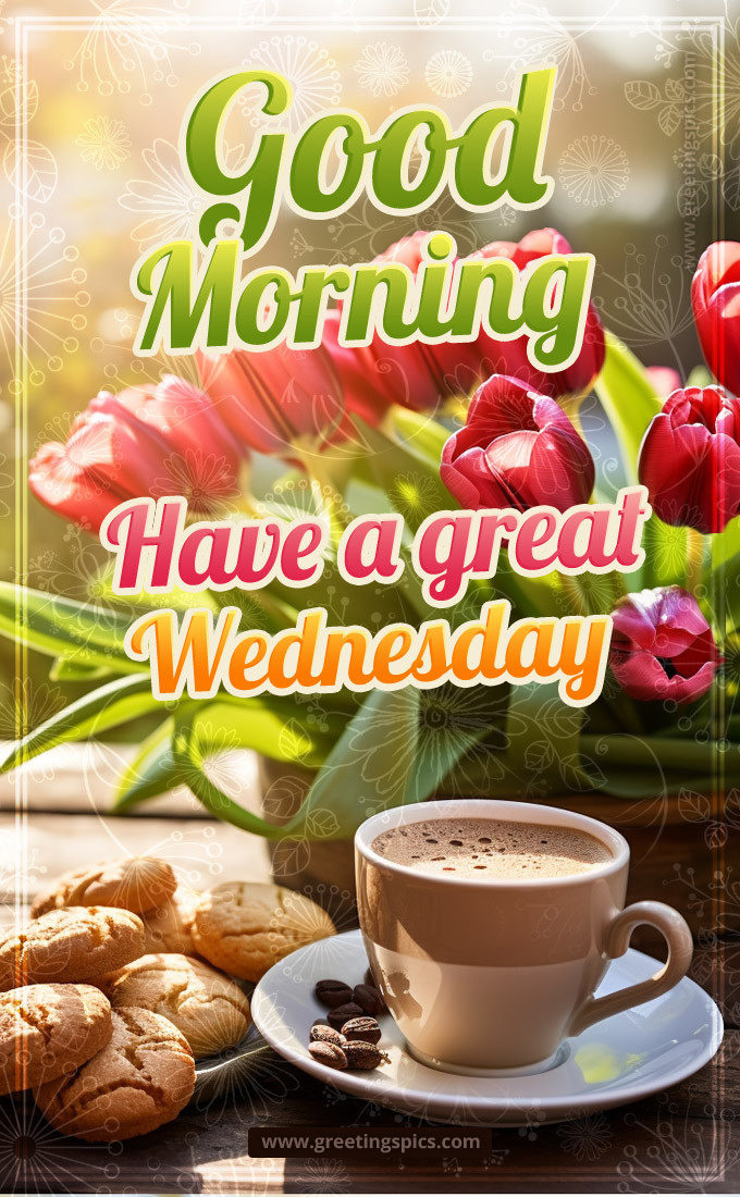 Good Morning Have a Great Wednesday image with coffee, cookies and tulips (tall rectangle shape picture)