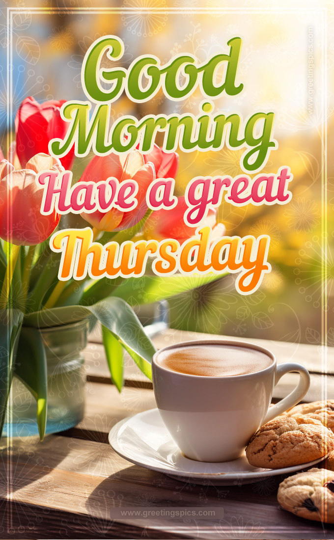 Good Morning Have a Great Thursday Image with cup of coffee and red tulips (tall rectangle shape picture)