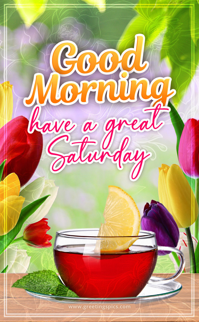 Good Morning have a Great Saturday picture with colorful tulips and a cup of tea (tall rectangle shape picture)